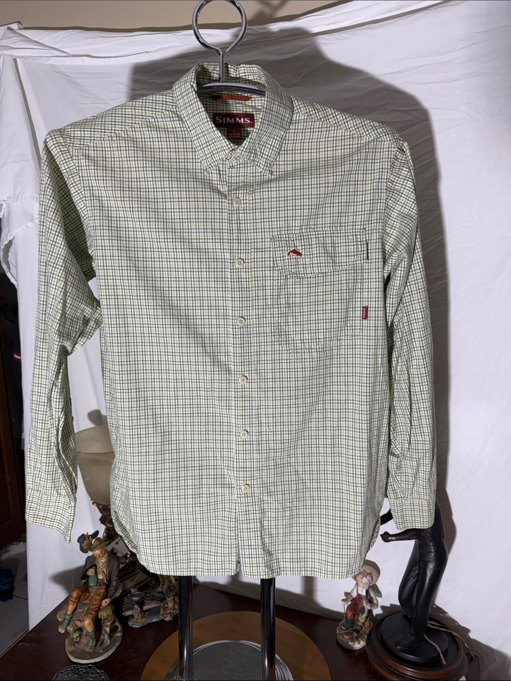 Simms Light Green Plaid Button-Down Shirt with Red Accent